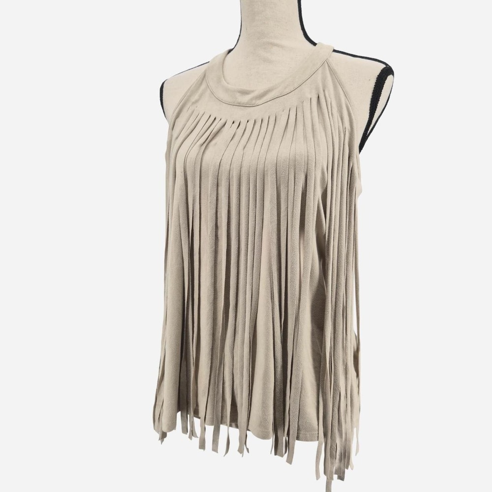Chicos Beige Boho fringe faux suede halter top.